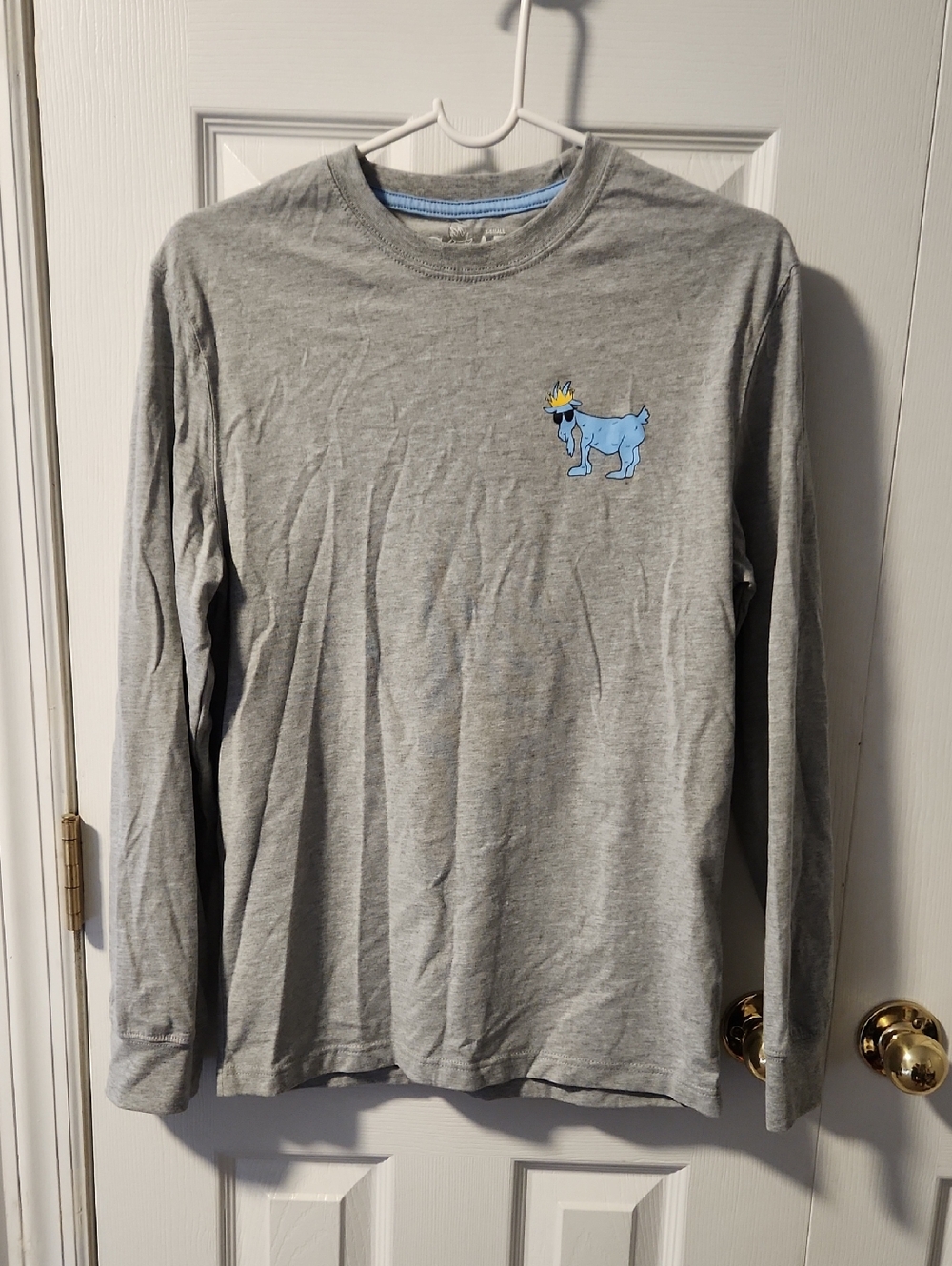 Mens Long-Sleeve Gray Tee with Blue Cartoon Graphic - X-small